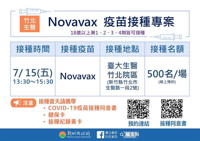 竹縣Novavax疫苗專案。（新竹縣府提供／邱立雅竹縣報導）