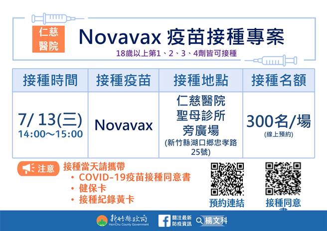 竹縣Novavax疫苗專案。（新竹縣府提供／邱立雅竹縣報導）