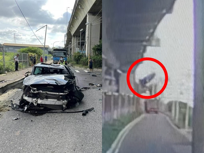 国道四号丰原交流道今（10）发生1辆价值近300万的宾士车自撞护栏后，当场翻落高约14公尺的匝道，男驾驶甚至遭弹飞出车外，重伤仍未清醒。（翻摄自脸书）