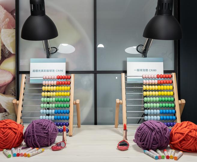 对比一般CRI 80的球泡灯，昕诺飞CRI 90的超极光真彩版将物体色彩更完美地呈现。（昕诺飞提供）