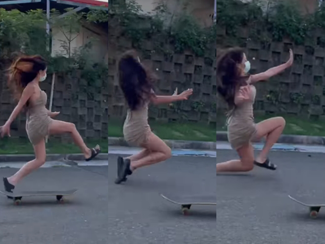 女網友身穿緊身洋裝在斜坡玩滑板，原本過程看似順利，最後她卻不幸失足摔倒，當場跌躺在地，雙腳抬起時還走光露出內褲、膝蓋受傷。（翻攝自臉書「爆廢公社」）