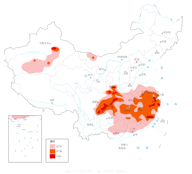 大陆近期各地高温肆虐，11省市多地高温达37~39℃，10个城市超过40度，陕西旬阳以43.2℃夺下冠军，歷史上有名的火炉新疆吐鲁番40.9℃退居第10。（图／中国气象网）