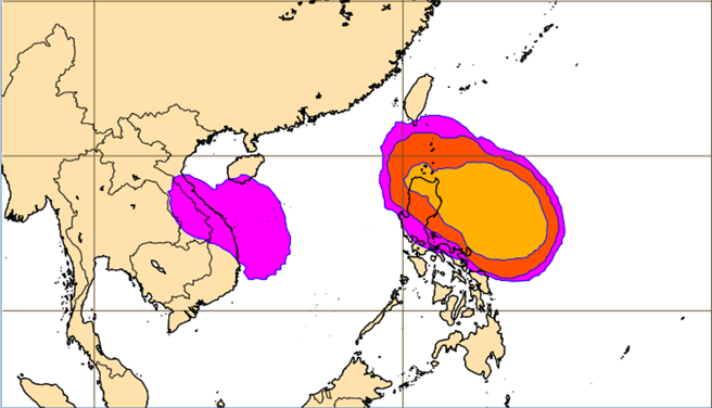 最新(10日20时)欧洲(ECMWF)系集模式模拟图显示，13日20时菲律宾东方「热带扰动」的发展机率，调低为30%，指向吕宋岛北端。南海「热带扰动」的模拟机率则已调降至10%。（翻摄自「三立准气象· 老大泄天机」）

