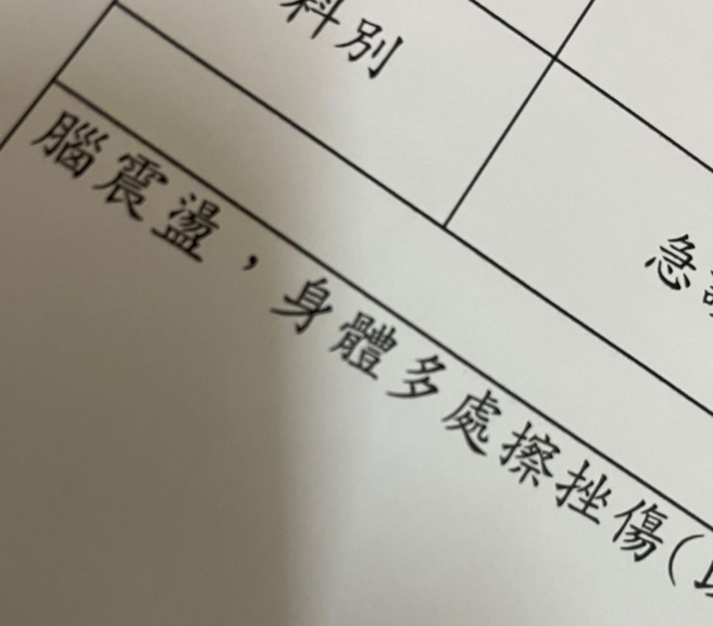 一名女網友曬出驗傷單，證明自己因此腦震盪，且全身多處擦挫傷。（翻攝自Dcard）