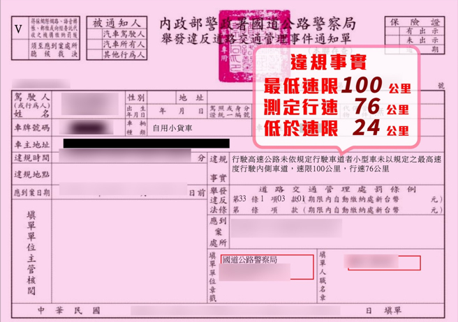 国道警察局贴出民眾于内线龟速行驶，遭开罚的案例，呼吁其他用路人别成为路队长。（翻摄自脸书《国道公路警察局》）