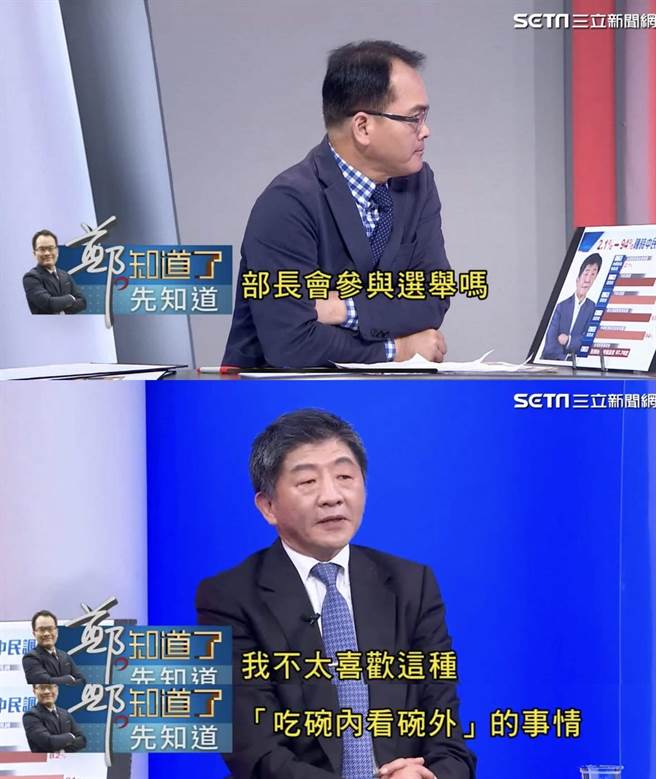 卫福部长陈时中曾在电视节目上称自己不喜欢「吃碗内、看碗外」，结果是很会暗酸别人，但自己被迴力镖击坠。（台北市议员徐巧芯研究室提供／张立勋台北传真）