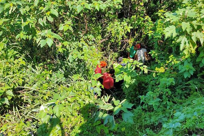 刘姓阿婆骑机车发生车祸，飞落深约6米的边坡杂树丛，消防局救护人员进行抢救。（民眾提供／罗浚滨新竹传真）