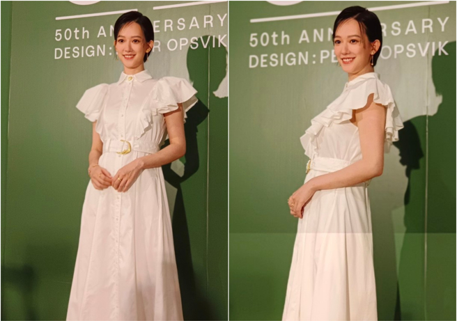 孟耿如穿白色洋装搭配玫瑰金珠宝出席活动，纤细身材让人惊呼像没生过。(图／王柏森)