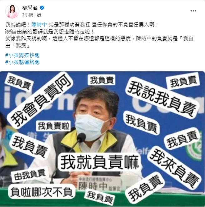 柳采葳PO出陈时中被一堆「我负责」字句围绕的梗图，狂酸他「功劳我扛，责任你负」。（图／取自柳采葳脸书）