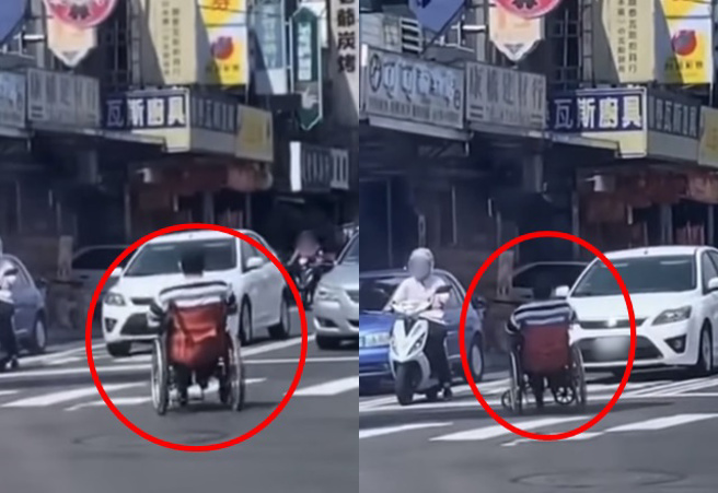 輪椅阿北逆向高速穿越馬路，網友們驚呼：「哪天就飆上國道了」。（圖／翻攝自爆廢公社）