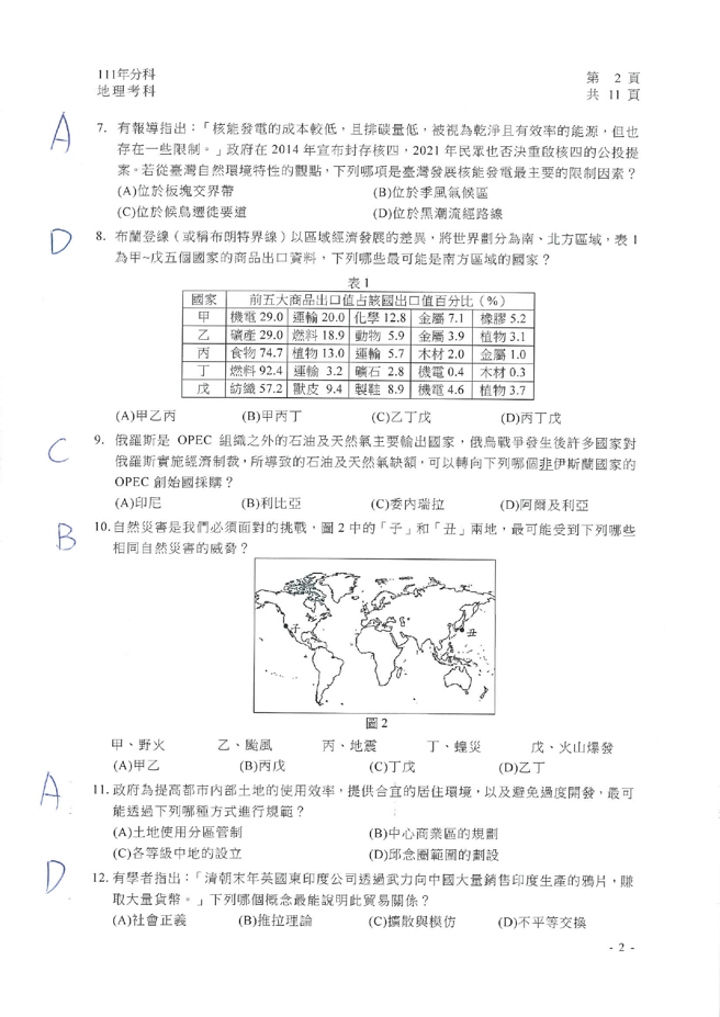 111学年度分科测验 地理试题解答。(资料提供／北巿补教协会、儒林、文城、得胜者补习班联合提供)