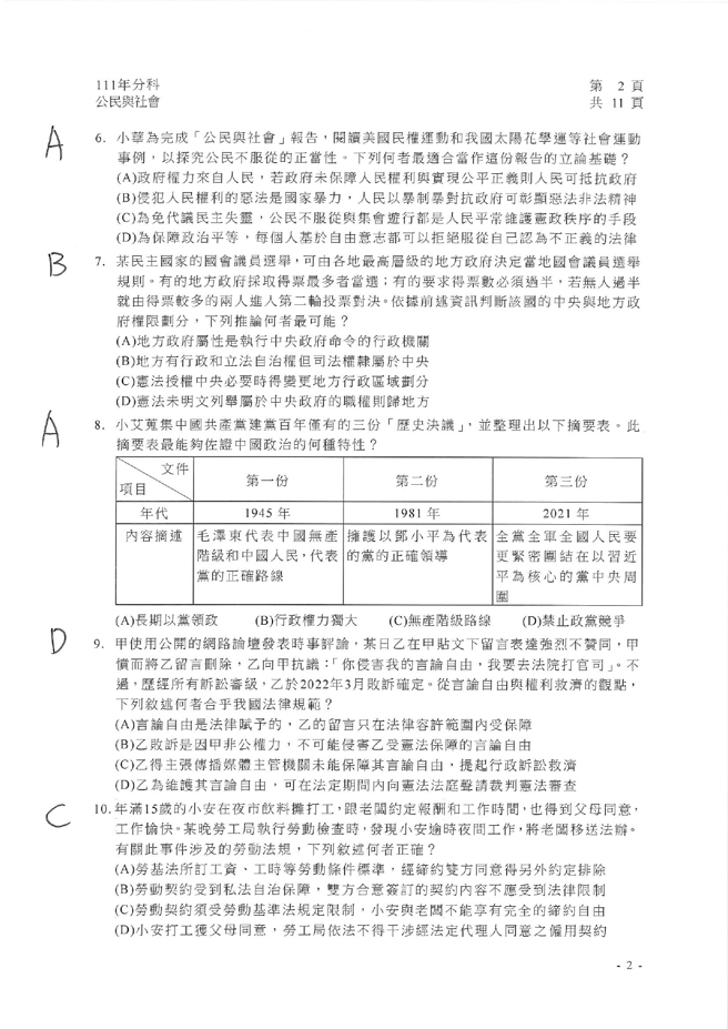 111学年度分科测验 公民与社会试题解答。(资料提供／北巿补教协会、儒林、文城、得胜者补习班联合提供)