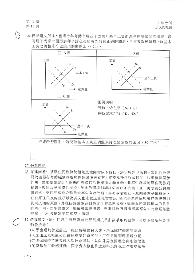 111学年度分科测验 公民与社会试题解答。(资料提供／北巿补教协会、儒林、文城、得胜者补习班联合提供)