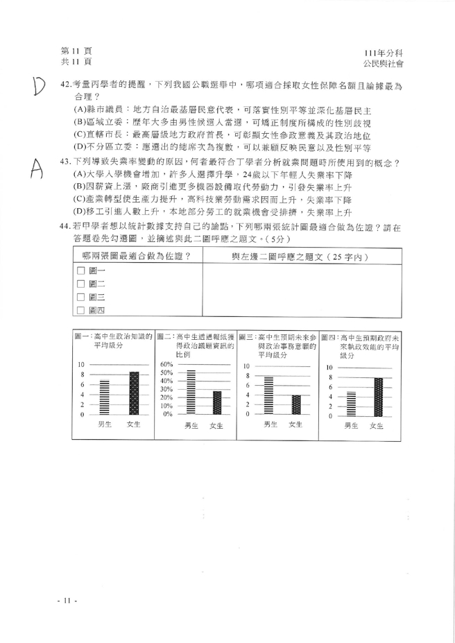 111学年度分科测验 公民与社会试题解答。(资料提供／北巿补教协会、儒林、文城、得胜者补习班联合提供)