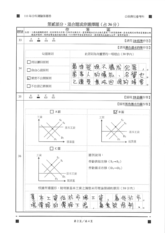 111学年度分科测验 公民与社会试题解答。(资料提供／北巿补教协会、儒林、文城、得胜者补习班联合提供)