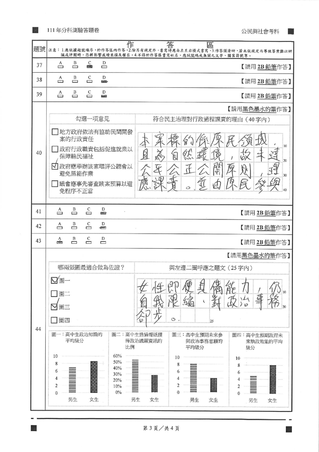111学年度分科测验 公民与社会试题解答。(资料提供／北巿补教协会、儒林、文城、得胜者补习班联合提供)