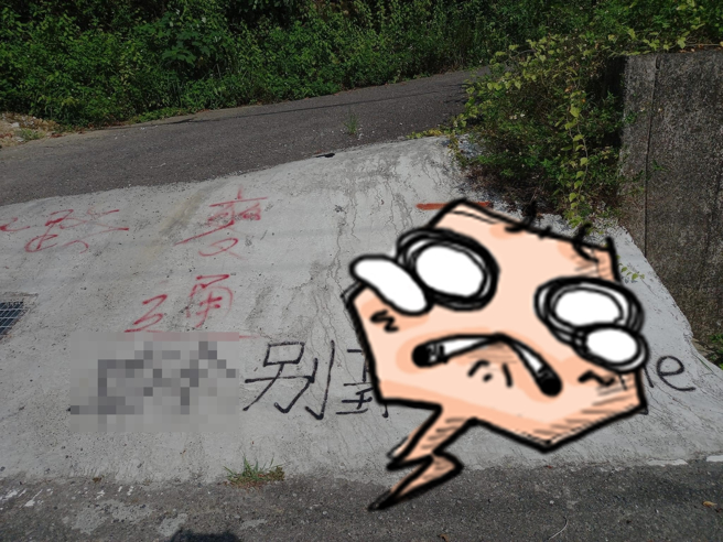 网友在高雄中寮山某路面发现有黑色大字写「X别听Google」，还有「此路不通」、「麦通」等字，疑似是驾驶或当地民眾好心帮忙在地上写字提醒用路人。（翻摄自脸书「爆废公社」）