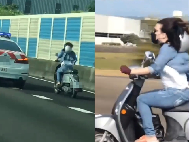 女騎士騎上國道一路狂飆，4輛國道警車在一旁，她竟絲毫不理、繼續狂飆，連安全帽也沒戴妥，甚至一度從外車道開進中線道，囂張行徑全被錄下。（翻攝自臉書「記者爆料網」）