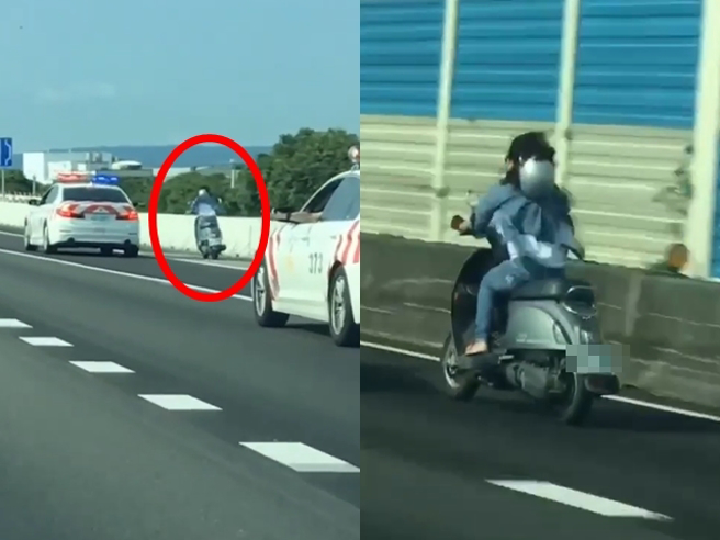 女騎士騎上國道一路狂飆，4輛國道警車在一旁，她竟絲毫不理、繼續狂飆，連安全帽也沒戴妥，甚至一度從外車道開進中線道，囂張行徑全被錄下。（翻攝自臉書「記者爆料網」）
