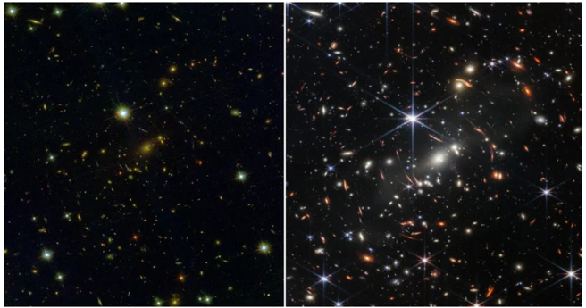 韦伯望远镜所拍摄到的SMACS0723星系团影像（右）与哈伯望远镜拍摄到同一区域图像（左）能看出两具望远镜观测能力的差异。（图／NASA）