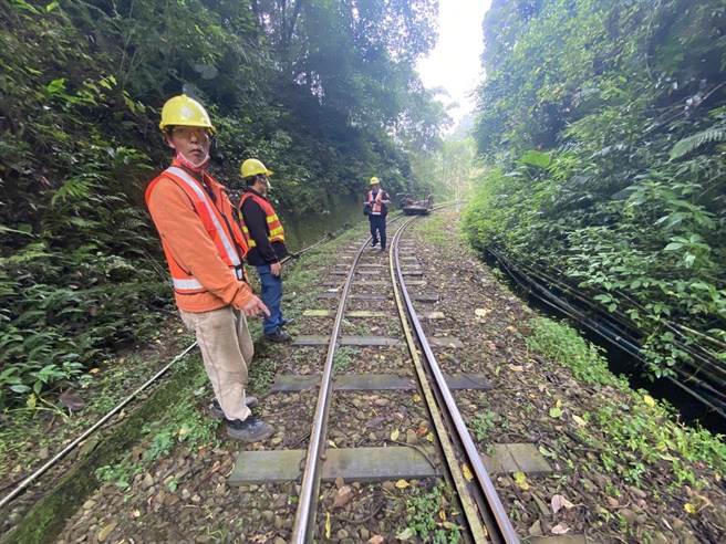 昨12日两辆台车在46K＋500奋起湖段相遇，修枝厂商见状紧急煞车，造成车上1名女员工反应不及跌落受伤。（林铁及文资处提供∕吕妍庭嘉义传真）