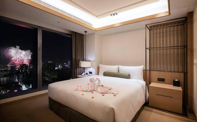 （豪華套房每房8,988元，標榜躺在床上將璀璨煙火秀盡收眼底。圖／台北凱達大飯店提供）