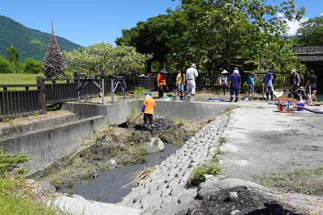 台东池上圳生态鱼道淤积多时，志工们13日联手清淤盼恢復生态。（蔡旻妤摄）