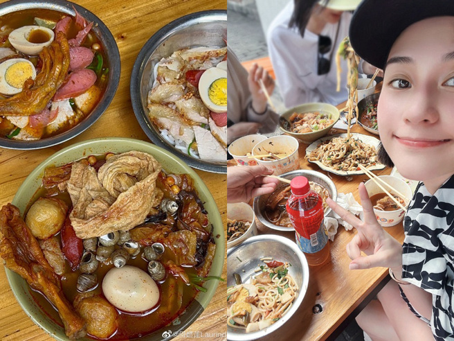  何超莲享用路边摊美食，讚螺蛳粉真的好吃。（图／微博@ 何超莲）