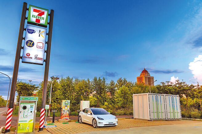 統一企業集團12日在台南開出亞洲第1萬家7-ELEVEN「亞萬門市」，設有台泥企業團旗下台泥儲能（NHOA.TCC）研發的UHPC儲能櫃，打造全台首座超商DC/DC充電站。（台泥提供）