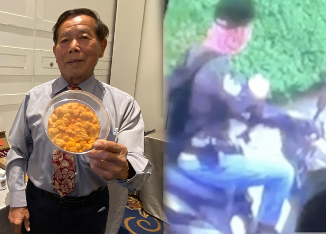 圖左為頭部卡彈的康建生物科技公司負責人81歲賴敏男，圖右為行兇蒙面歹徒。（讀者提供）