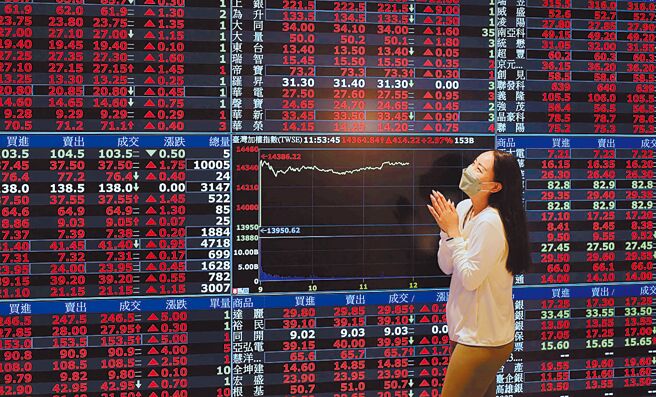 國安基金決議進場護盤，激勵信心回籠，終場上漲374.06點，收在14324.68點，電子、金融、航運族群欣欣向榮。圖為台北證交所電視牆。（中央社）