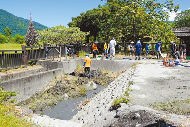 台东池上圳生态鱼道淤积多年，池上20多名志工13日卷起裤管清淤，期盼重现鱼群逆流而上的生态景象。（蔡旻妤摄）
