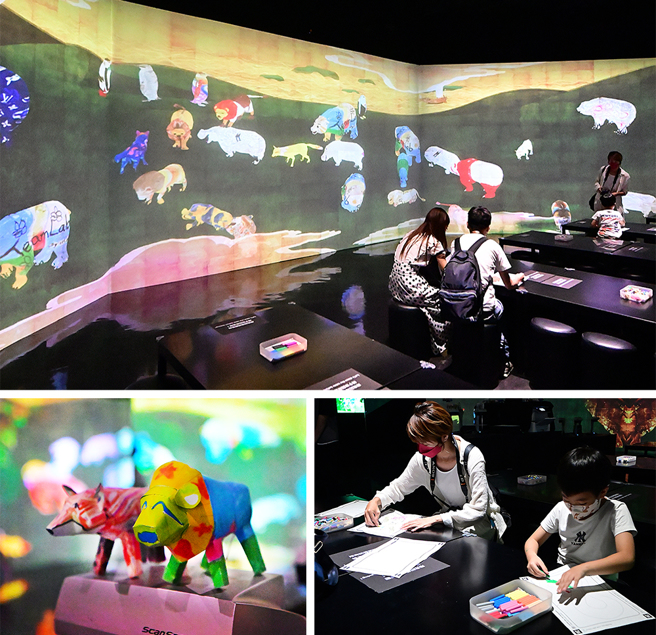 除數位互動之外，也可動手體驗彩繪動物立體紙模型的樂趣，按照指示用蠟筆彩繪，製作立體紙模型，創造出屬於自己的3D立體動物。(攝影/Carter)