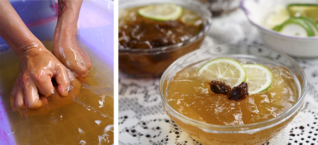 鐵本山愛玉都是猴子種下的野生愛玉，使用富含礦物質的山泉水手洗，搓揉出愛玉子中的天然膠質，凝結成軟Ｑ柔嫩的愛玉凍，不加糖就自帶淡淡甘甜。(攝影/Cindy Lee)