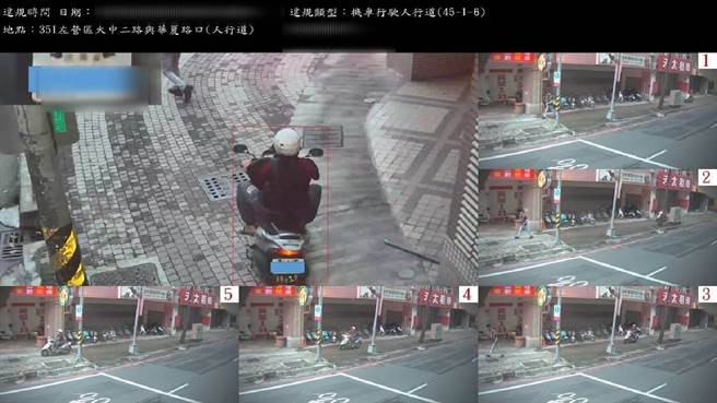 有機車騎士在左營區大中路與華夏路口違規騎上人行道遭開單。（高雄市交通大隊提供／崔正綱高雄傳真）