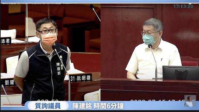台北市长柯文哲（右）今赴议会答询，无党籍市议员陈建铭（左）询问防疫指挥官相关问题。（摘自市府直驳）