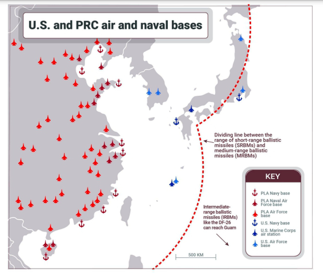 昆西研究所制作的亚洲防御战略路线图报告长达300页，报告中列出了亚太地区中美两军可以使用的基地对照图，双方的差距极为巨大。图中红色为中方基地，蓝色为美方基地。（图／昆西研究所）