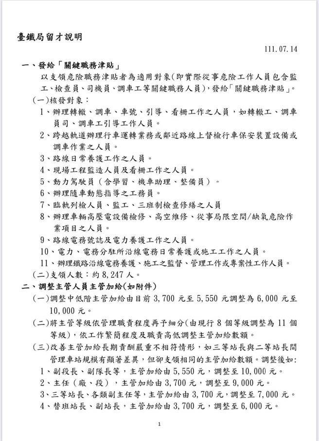 台铁拟发关键职务津贴。（读者提供／陈佑诚传真）