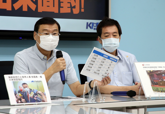 國民黨立院黨團16日由總召曾銘宗（左）和立委費鴻泰（右）舉行記者會，針對南投生技公司發生4死1傷重大刑案，要求內政部長徐國勇和警政署長黃明昭為治安負責。（趙雙傑攝）