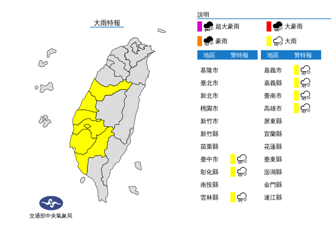 中南部7县市大雨特报。（图／气象局提供）