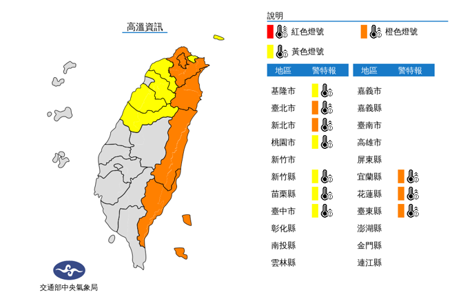 西南风沉降影响，东南部地区已有焚风发生，10县市防高温。（图／翻摄自气象局）