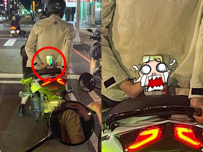 1名男子被目击坐在女骑士的后座，1手上拿着手机，手机萤幕朝向后方，向后方民眾显示「新手驾驶」的标志，男子另1手则紧紧握着手把。（翻摄自脸书「爆废公社」）