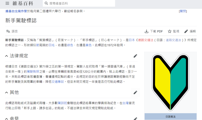 该标志源自日本，根据日本《道路交通法》规定，驾驶在取得「第一类普通汽车」驾照后，必需在车辆前后高度40至120公分范围内贴上此标志至少1年。（翻摄照片）