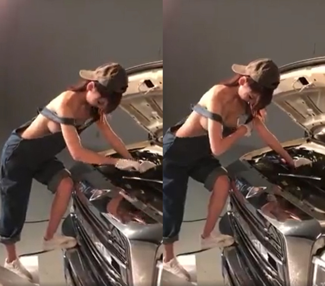 火辣女技师肩带不停滑落。（图／FB@爆废公社二馆）