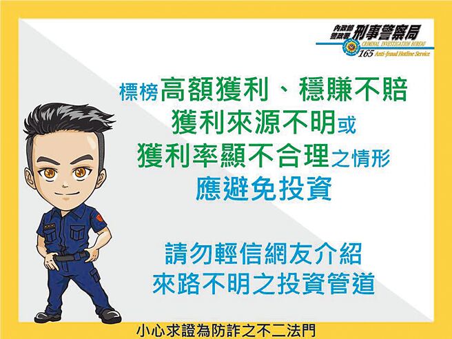 刑事局表示，假投資簡訊，若加入好友，歹徒會扮演網友、投顧、客服等多種角色，透過不同Line帳號行騙。（警方提供）