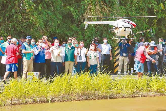 台南智慧农业持续进化，导入科技优化生产效率。图为无人机喷洒稻草分解菌。（台南市政府提供／曹婷婷台南传真）