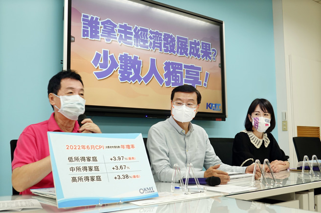 国民党立委费鸿泰（左起）、曾铭宗、谢衣凤20日举行「谁拿走经济发展成果？少数人独享！」记者会。（姚志平摄）