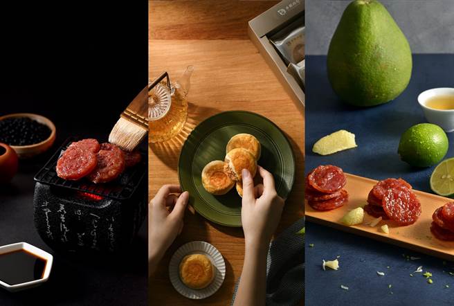 水根肉乾中秋礼盒内有（左起）「台味酱烧肉乾」、「千层酥松饼」及「柚香圆烧猪肉乾」。（水根肉乾提供）