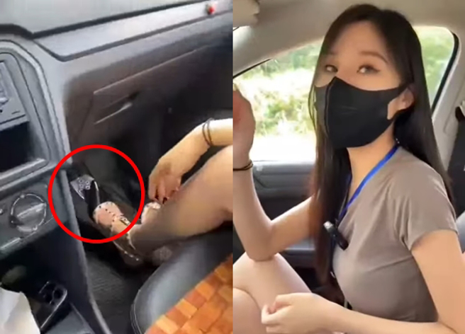 長髮女教練親自教授「開車技巧」，甚至安撫學員，若有狀況一定馬上踩下副駕駛座的煞車。（翻攝自臉書爆廢公社）