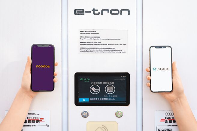 全台Audi極速充電站啟用「充電漫遊」跨平台共享功能，選擇任一Noodoe（左）或EVOASIS App（右），即可進行充電站操作。（台灣奧迪提供）